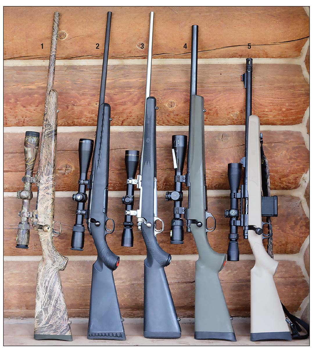 Examples of bolt-action rifles chambered in 223 Remington and 5.56 NATO include: (1) Savage 110, (2) Ruger American, (3) Ruger M77 Mark II All-Weather, (4) Howa 1500 and (5) Mossberg MVP.